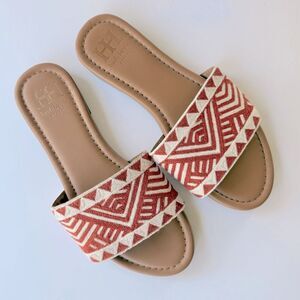 Haute Hippie Aztec Embroidered Slide Sandals in Orange & Ivory Size 7.5